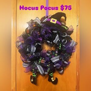 Halloween Witch-Themed Wreath with Purple and Black Sparkle Accents